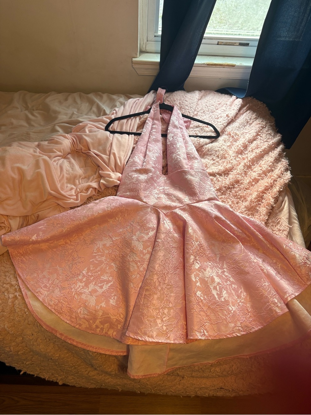 Pink Halter Mini Dress with Floral Jacquard